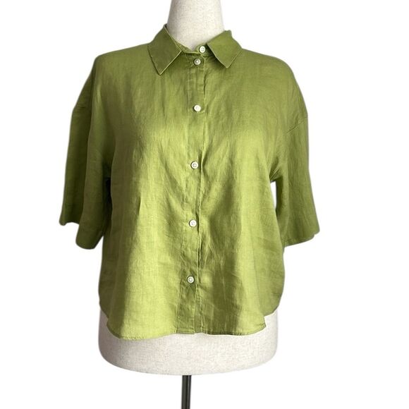 H&M Women’s Oversized 100% Linen Shirt Short Sleeve Size S Green NWT - Picture 1 of 12